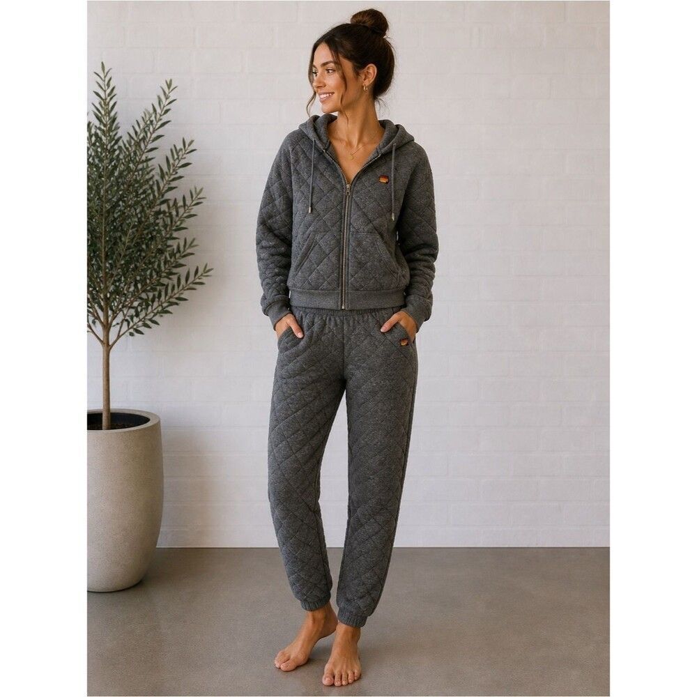 Aviator Nation QUILTED ZIP HOODIE HEATHER GREY set